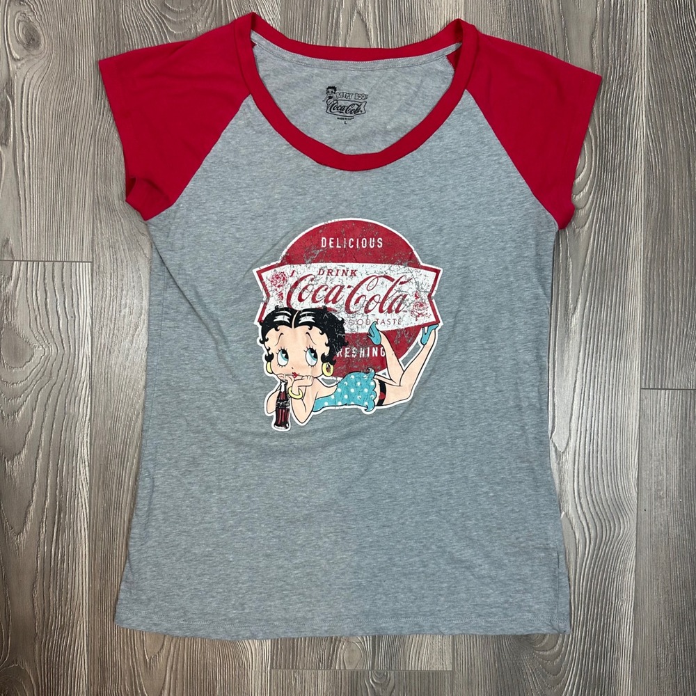 Betty Boop x Coca‎ Cola Gray and Red Ringer Tee Shirt - SIZE L Retro